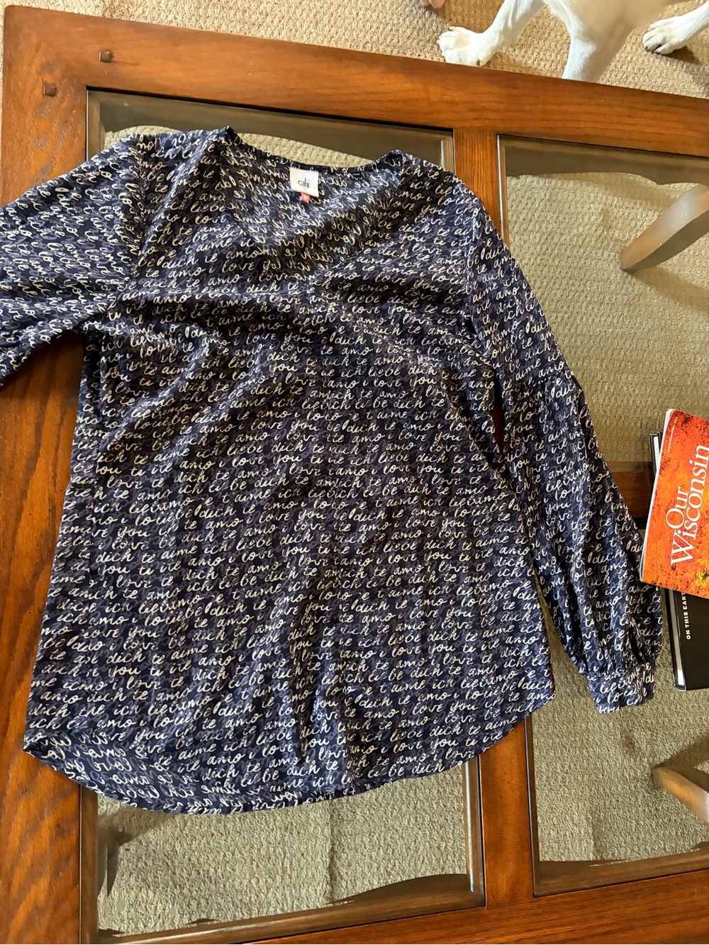 CAbi Navy and White Script Print Top